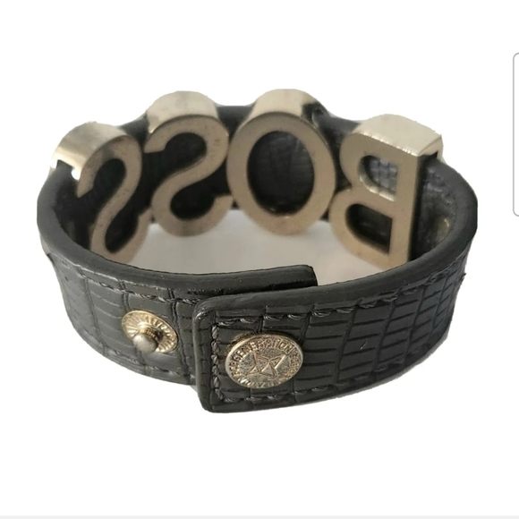 BCBGeneration BOSS Leather Cuff Bracelet Gold Tone Letter Charm BCBG Boho Snap - Picture 5 of 10